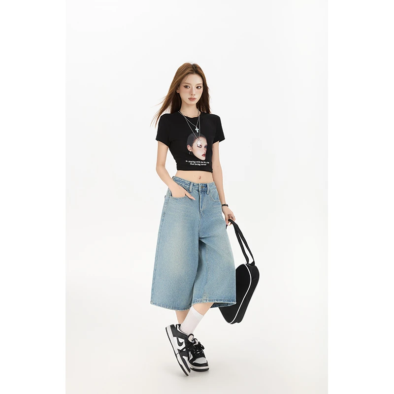 美式高腰辣妹水洗阔腿裤女夏季新款时尚百搭高级感宽松牛仔中裤