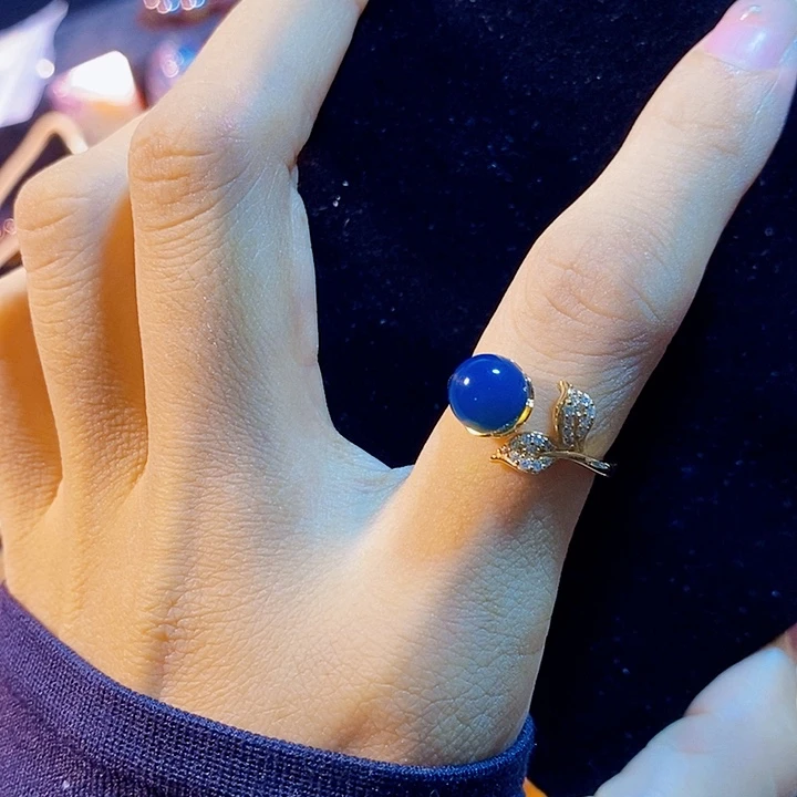 蓝珀银S925镶嵌珠宝奇石多米尼加蓝珀戒指
