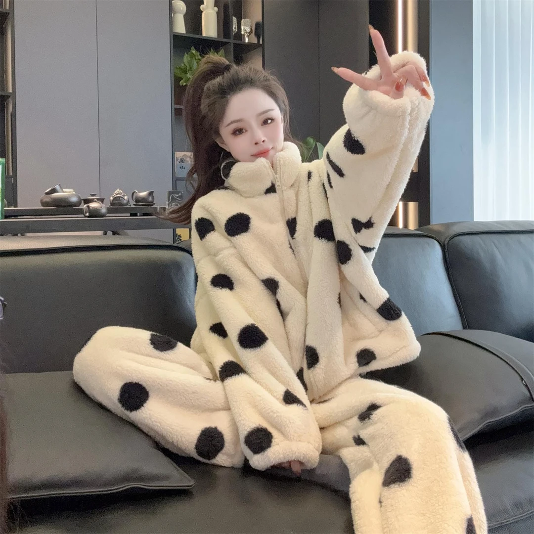 【波点家居服】法式珊瑚绒睡衣女冬季新款加厚保暖高领长袖长裤套装