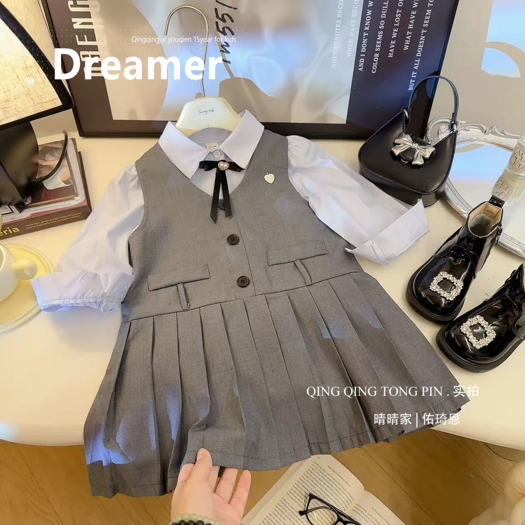 女童时尚韩系学院风长袖衬衫背心裙两件套2025春季新款BCB005鱼