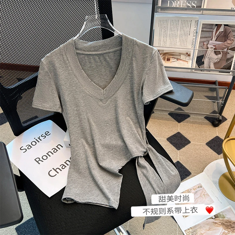 下摆不规则开叉短袖T恤女2025新款夏季时尚洋气小衫独特别致上衣