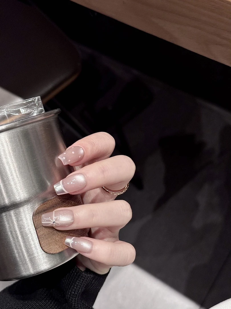 【爱神】裸粉色法式猫眼穿戴甲甲片夏季纯手工短甲美甲美甲片可爱