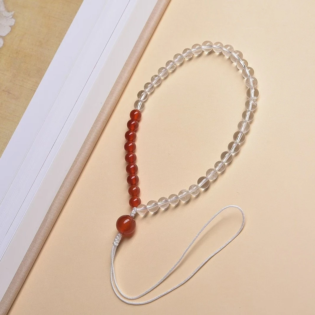 天然白水晶搭配红玛瑙手机链挂饰小清新防摔手腕挂绳男女闺蜜礼物