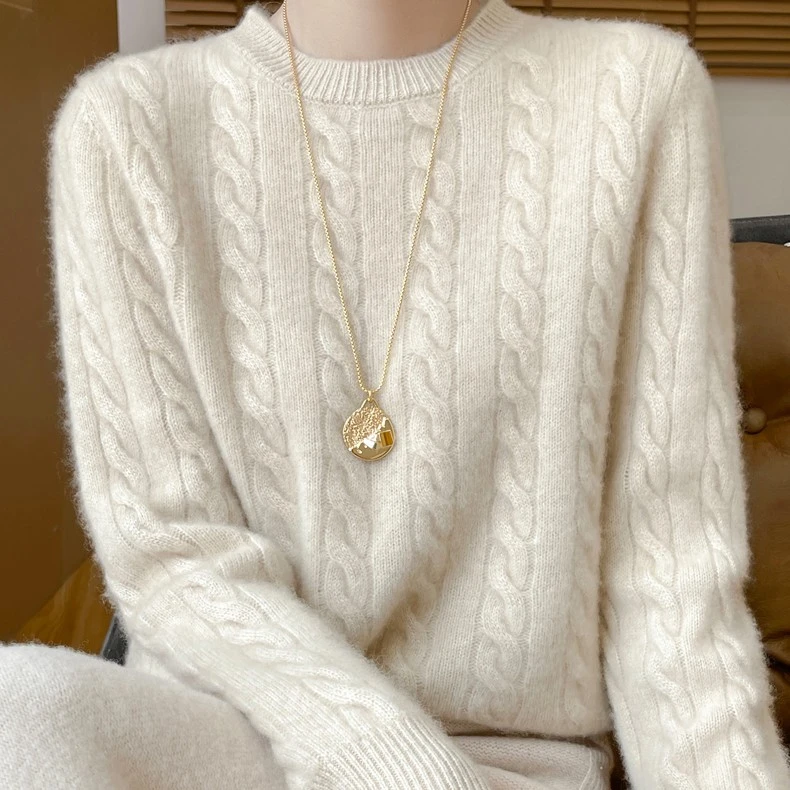 休闲宽松女式针织衫圆领羊毛衫女纯羊毛新款加厚毛衣宽松打底衫