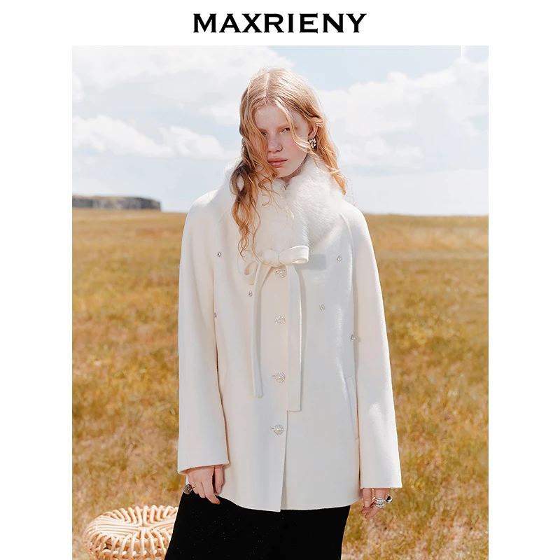MAXRIENY松绒系穿搭羊毛大衣25冬款狐狸毛领钉钻千金毛呢外套女