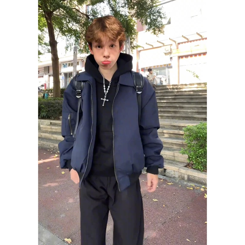 藏青色飞行夹克男秋季bomber廓形翻领棒球服美式cleanfit短款外套