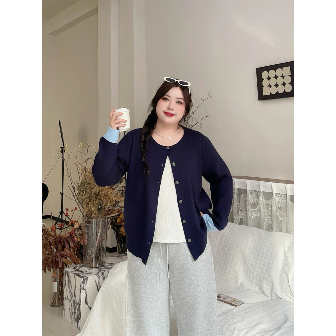 伦敦雾夜 / 韩系撞色百搭针织衫13892花契大码200斤胖mm简约洋气