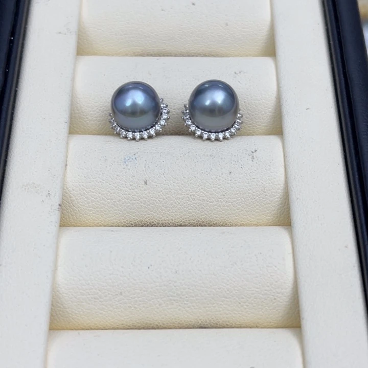 海水珍珠耳饰银S925镶嵌铂金灰耳饰9-10mm
