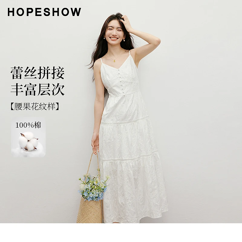 红袖2025夏女装 腰果花刺绣几何蕾丝拼接吊带连衣裙90125181602