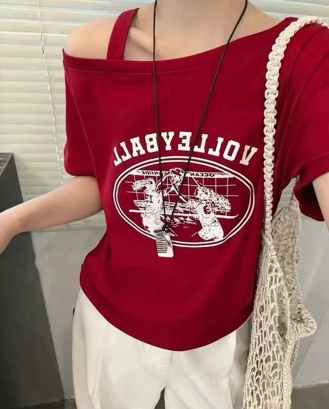 E念2901夏季新款女洋气百搭宽松休闲气质漏肩显瘦短袖T恤上衣女潮