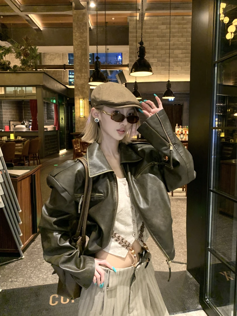 【SEE CHANGE25F/W】擦色美式复古机车短款PU皮夹克皮衣A6255