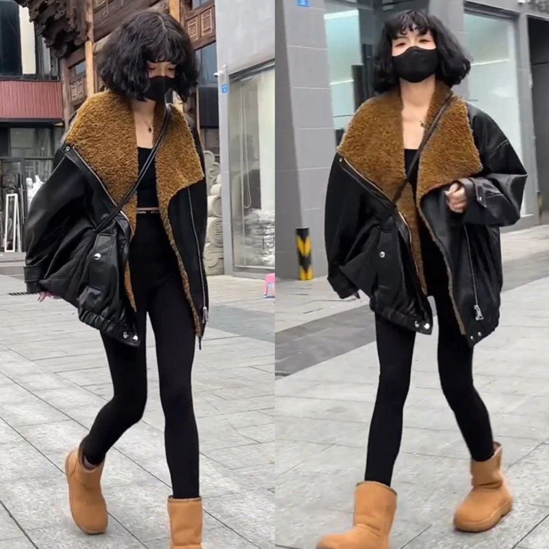 美式宽松大翻领拉链皮外套女欧洲站2024冬季新款时尚百搭休闲上衣