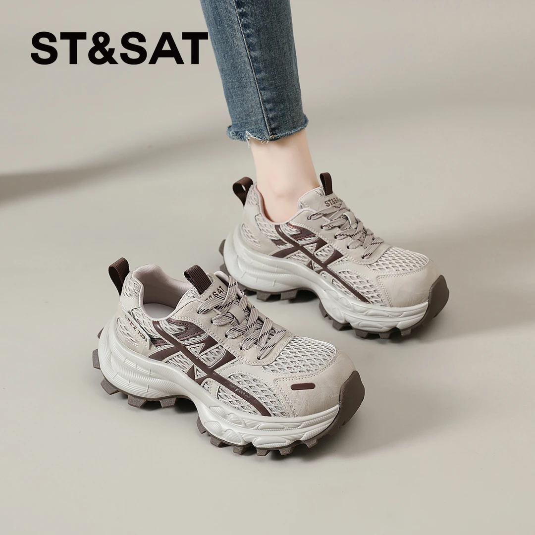 星期六厚底老爹鞋女2025新款秋季网面透气增高休闲运动鞋百搭女鞋