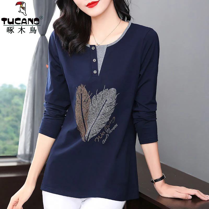 啄木鸟纯棉圆领长袖T恤女士春秋新款大码宽松胖MM遮肉显瘦上衣服