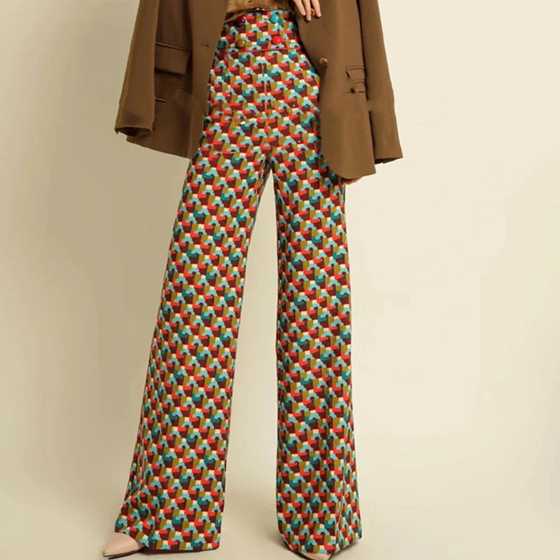 商场专柜女装春季新款设计感印花高腰垂感休闲阔腿直筒裤5100315