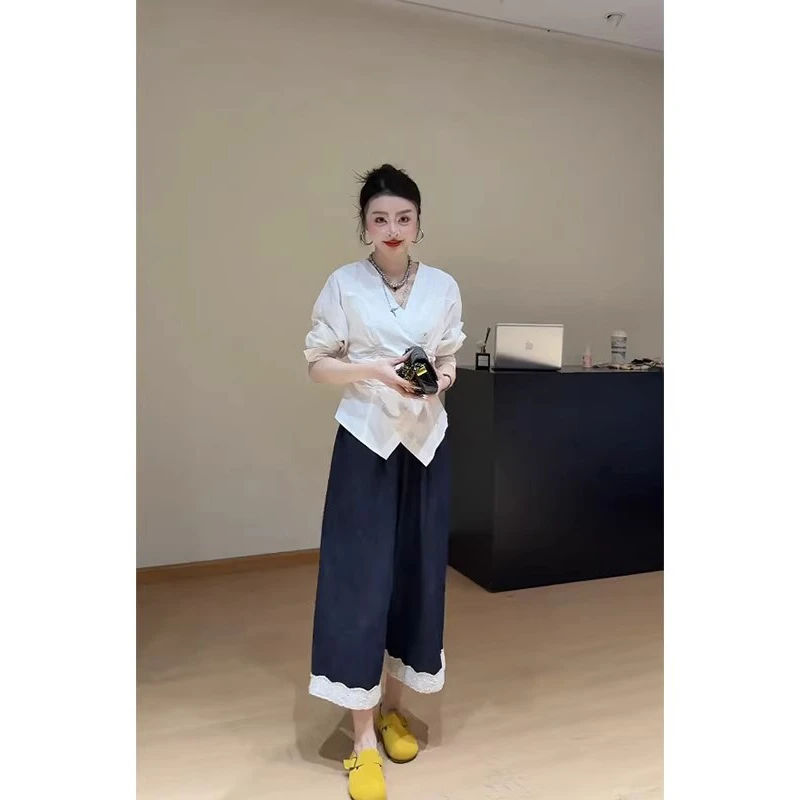 设计感不规则衬衫蕾丝边阔腿裤套装女2025春夏新款气质两件套女装
