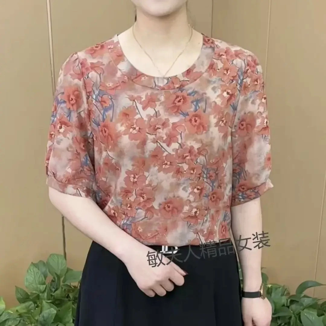 高级印花气质夏季常规套头宽松圆领