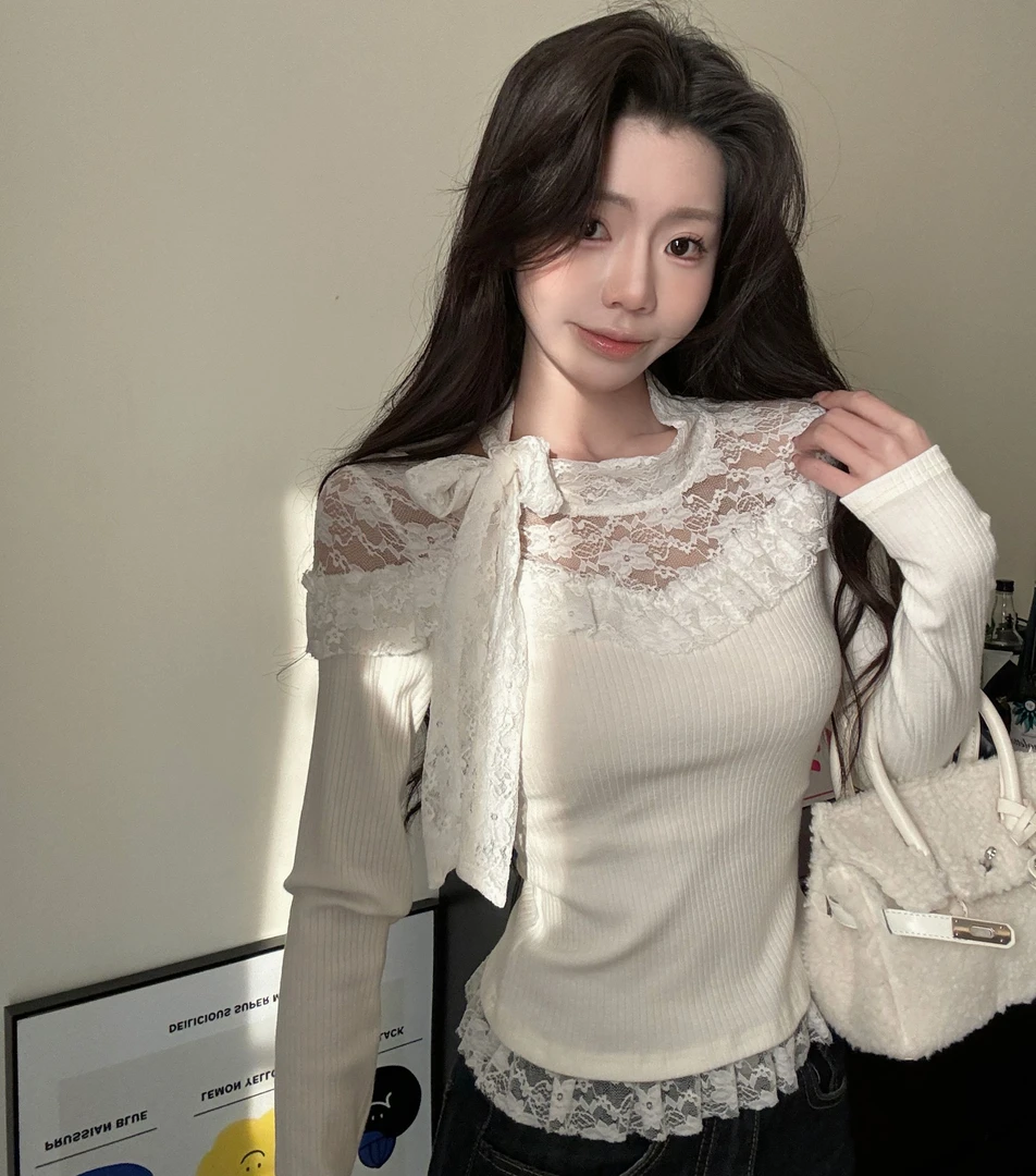 2025春季新款设计感甜辣蕾丝木耳边拼接针织长袖镂空打底单穿上衣