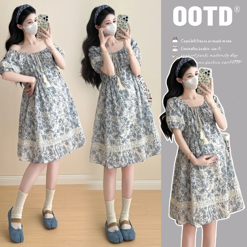 夏装新款设计感碎花中长款孕妇连衣裙夏季薄款裙子
