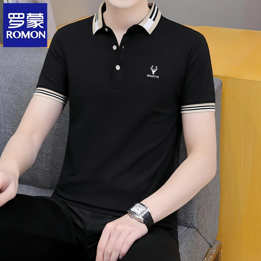 Romon/罗蒙2025年男装新款短袖t恤男士翻领polo衫百搭帅气半袖潮