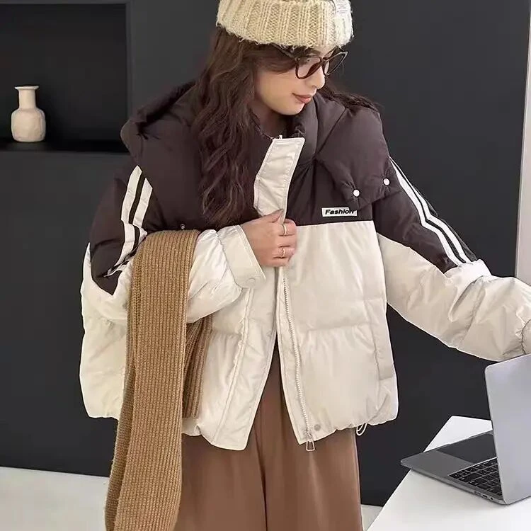 冬季新款韩版短款连帽加厚拼接羽绒服女士外套