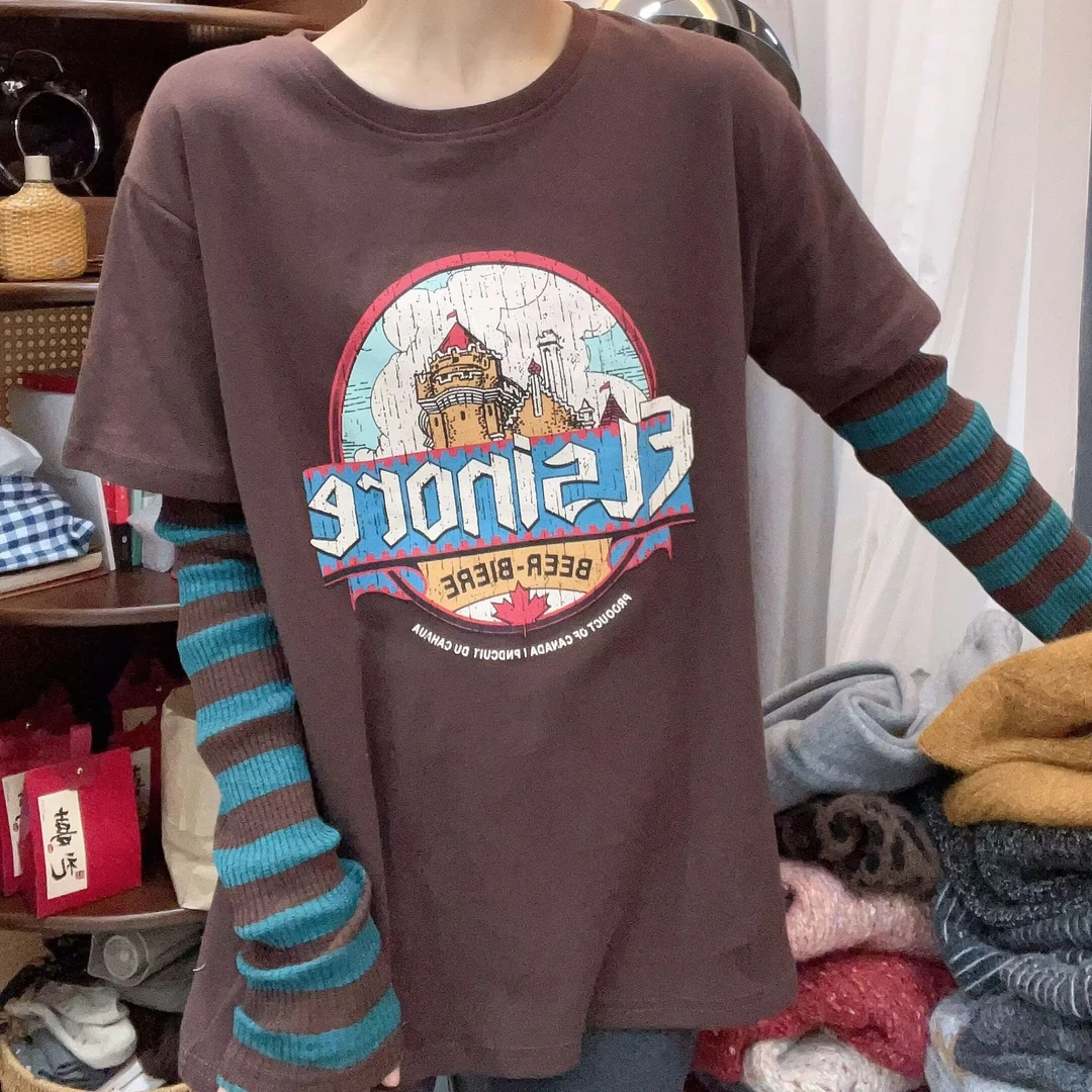 2025年新款复古圆领卡通字母印花条纹袖假两件T恤女撞色拼接长袖