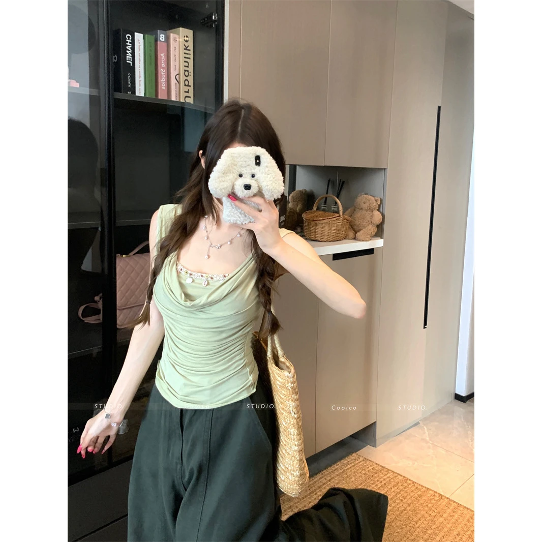 韩系绿色荡领恤女夏季新款设计感小众短款独特别致无袖上衣