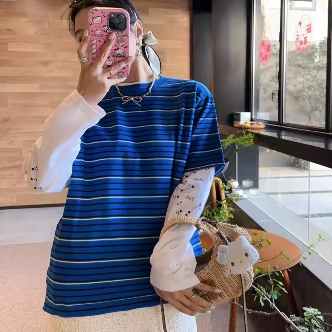 设计师款2025春新品百搭撞色条纹POLO领长袖针织衫棉质T恤上衣女