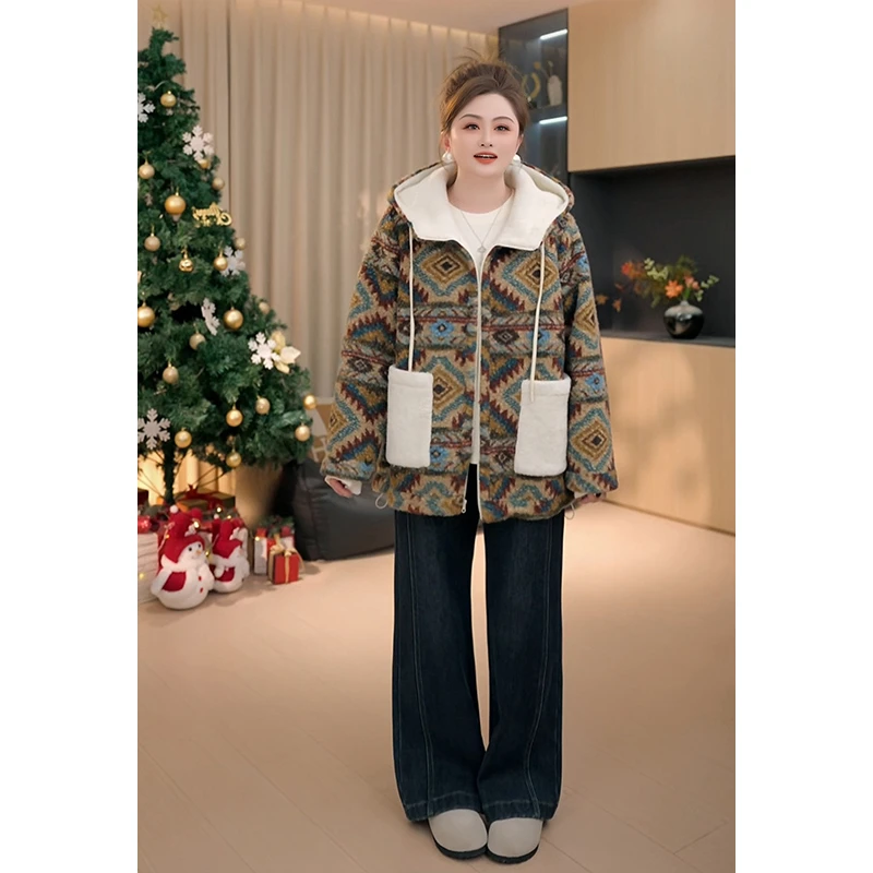 【胖佳佳】篝火派对 连帽外套冬季加厚羔毛提花大衣女H625T19433