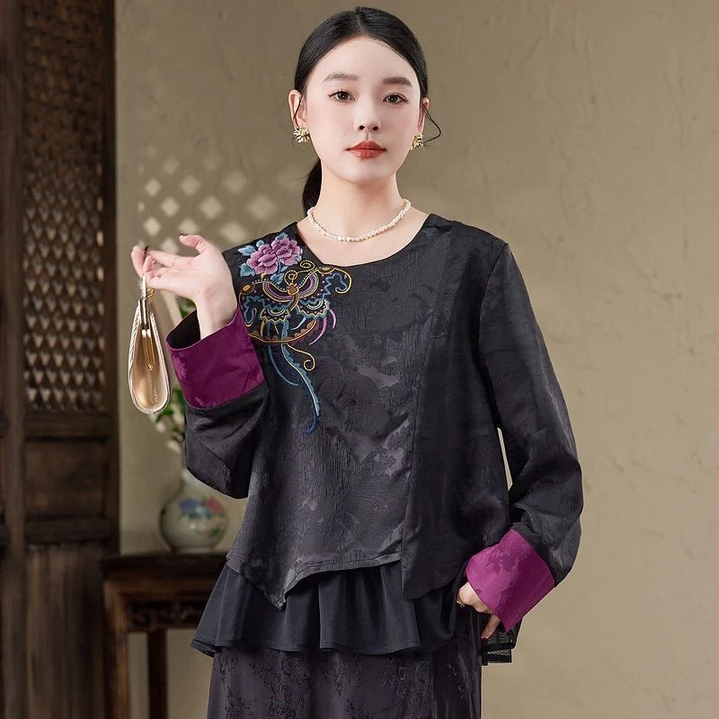 新中式妈妈装复古拼接刺绣花圆领打底衫T恤气质民族风中老年女装