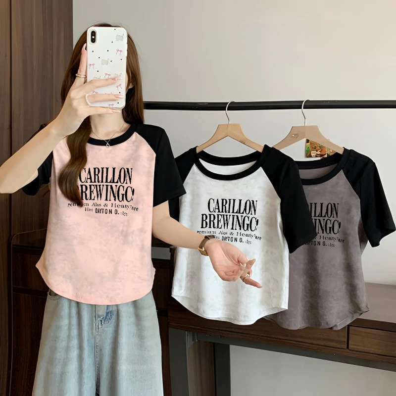 正肩短袖T恤女夏季新款不规则修身显瘦字母印花圆领扎染拼色上衣