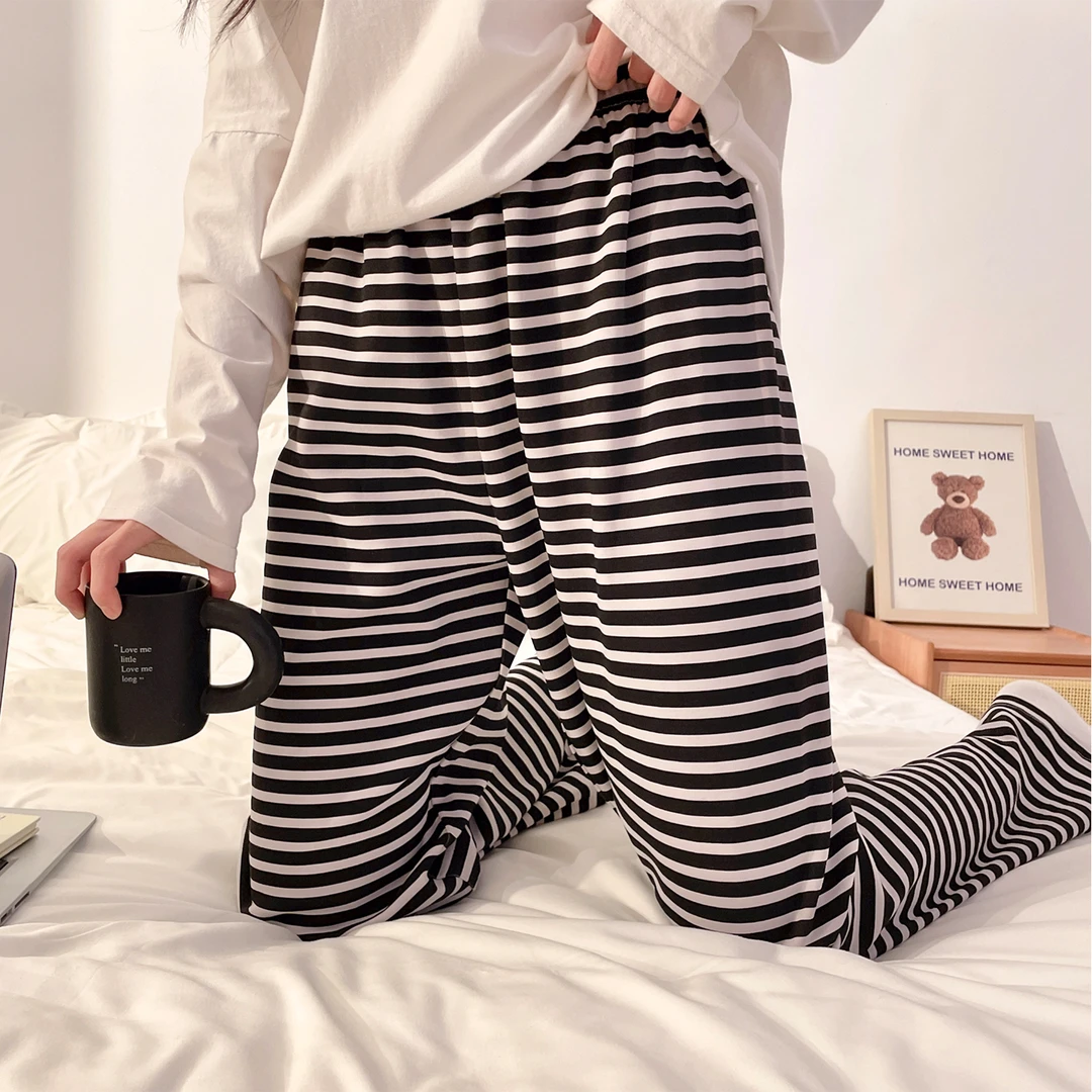 可外穿睡裤长裤春秋款条纹薄款小个子休闲宽松大码家居裤子可外出
