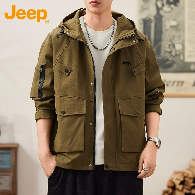 Jeep吉普男士夹克春秋季新款潮流韩版休闲青年百搭工装连帽外套男