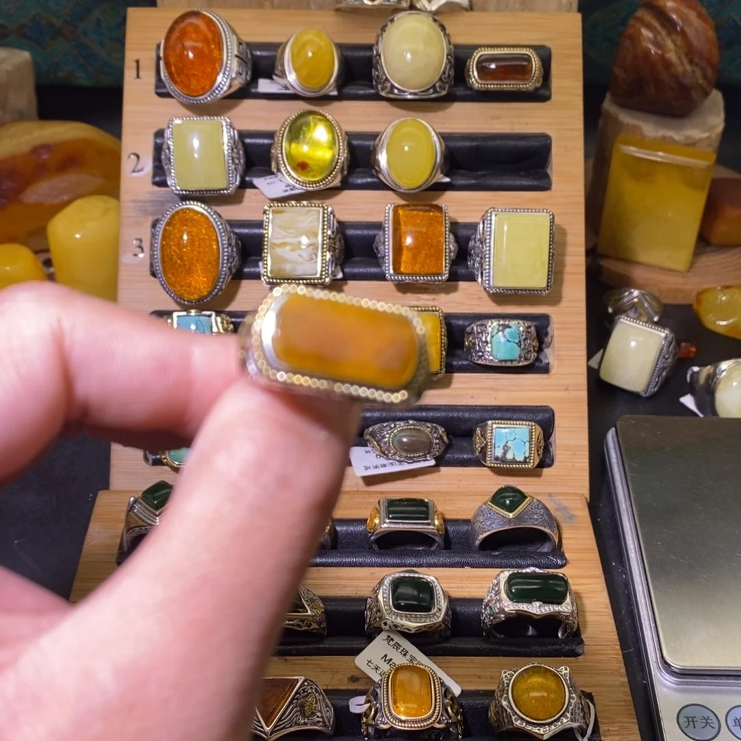 琥珀戒指银S925镶嵌老*