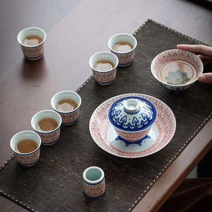 敦煌千佛整套功夫茶具青花家用盖碗介杯主人杯茶杯茶碗干泡台壶承