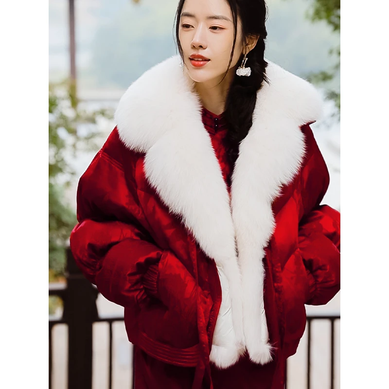 复古日记“美鸳”桑蚕丝新中式保暖红色冬季鹅绒服女25HR452