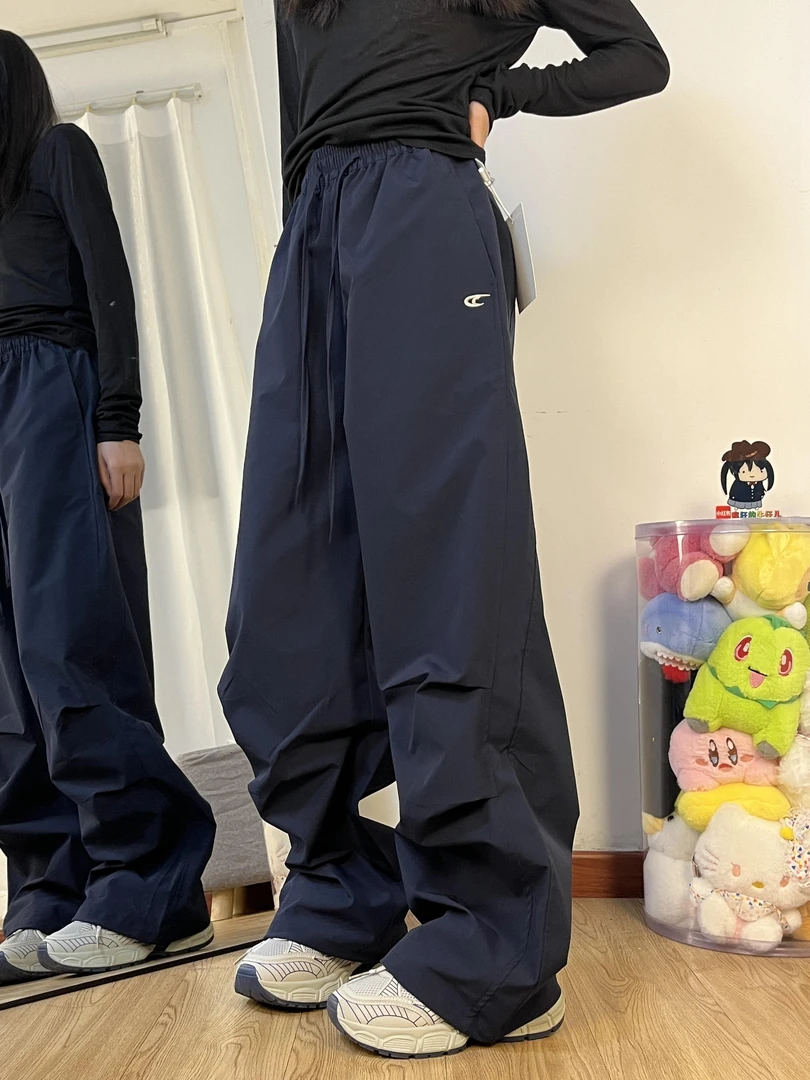 高腰宽松工装裤女夏季休闲阔腿速干运动裤慵懒风拖地直筒登山防风