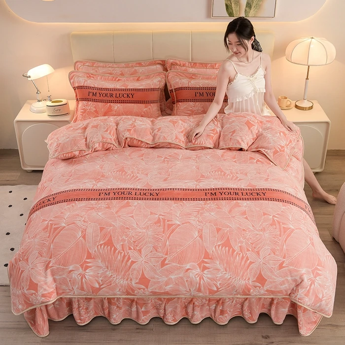 加厚加绒牛奶绒四件套保暖柔软亲肤双面绒被套床裙加绒床上用品