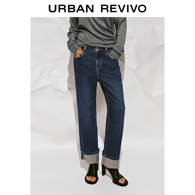 UR2025秋季新款女装复古休闲卷边高腰直筒牛仔长裤UWB850008