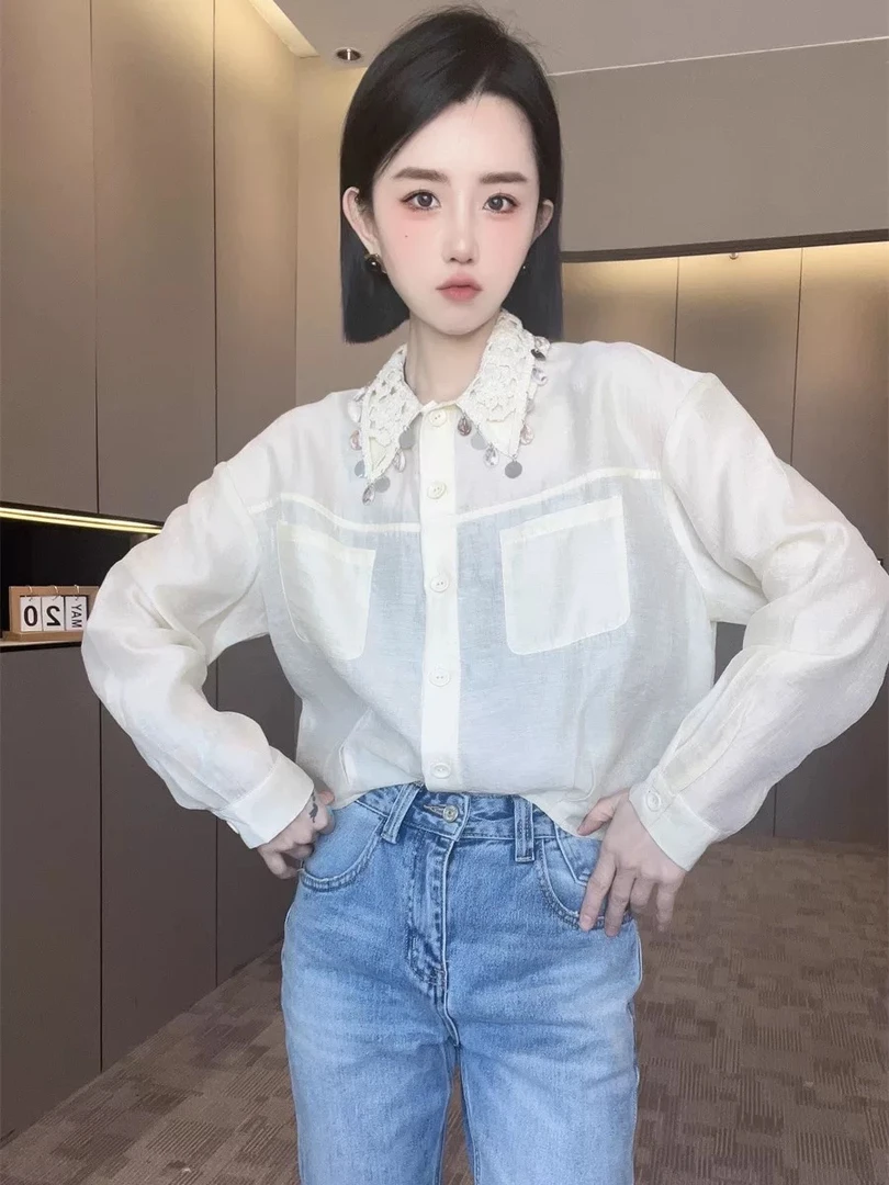 重工亮片蕾丝领衬衫女2025新款单排扣长袖衬衣洋气上衣2519-C189