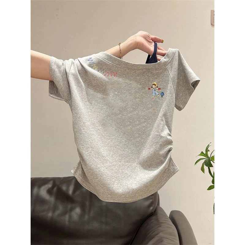 【AORSKK】斜肩吊带短袖t恤女露肩chic爆款甜美通勤欧美风高街显瘦