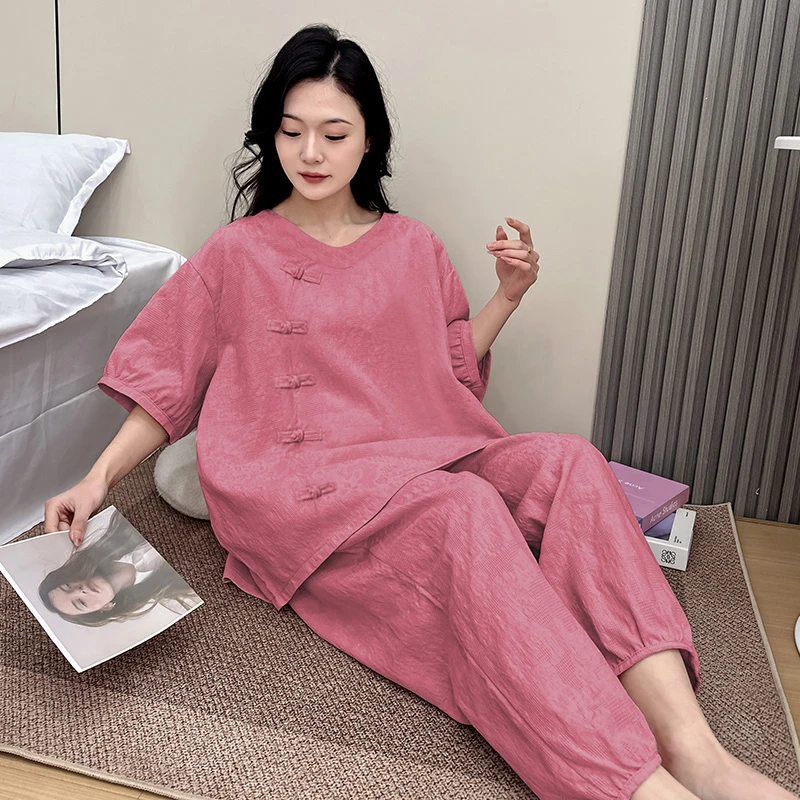 夏季大码纯棉薄棉100%提花睡衣女士中国风系家居服女爆款短袖套装