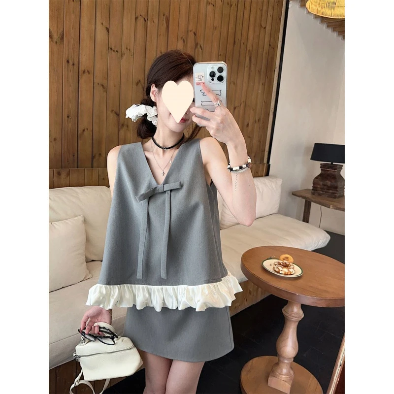 法式蝴蝶结V领撞色拼接背心西装半身裙女2025夏季新款名媛风套装