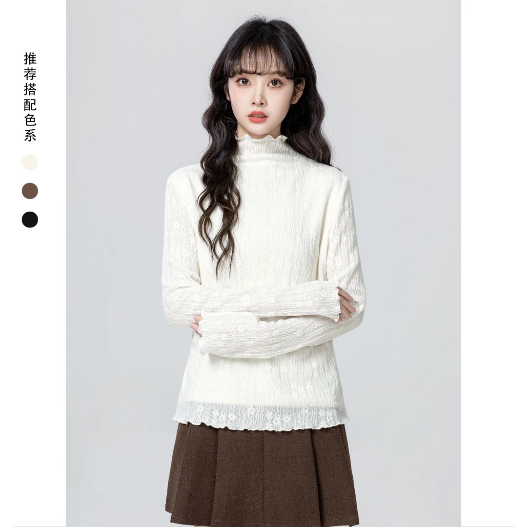 半高领木耳边针织衫女秋冬2025冬季新款设计感内搭蕾丝打底衫上衣