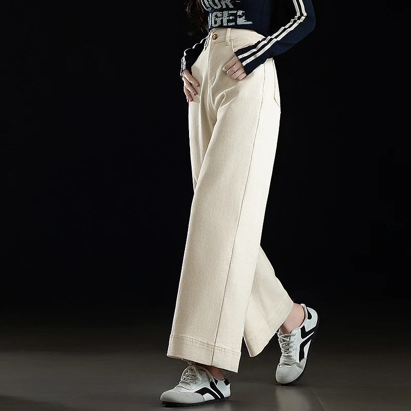 米白色休闲直筒牛仔裤女春秋季2025新款宽松小个子裤子阔腿裤显瘦