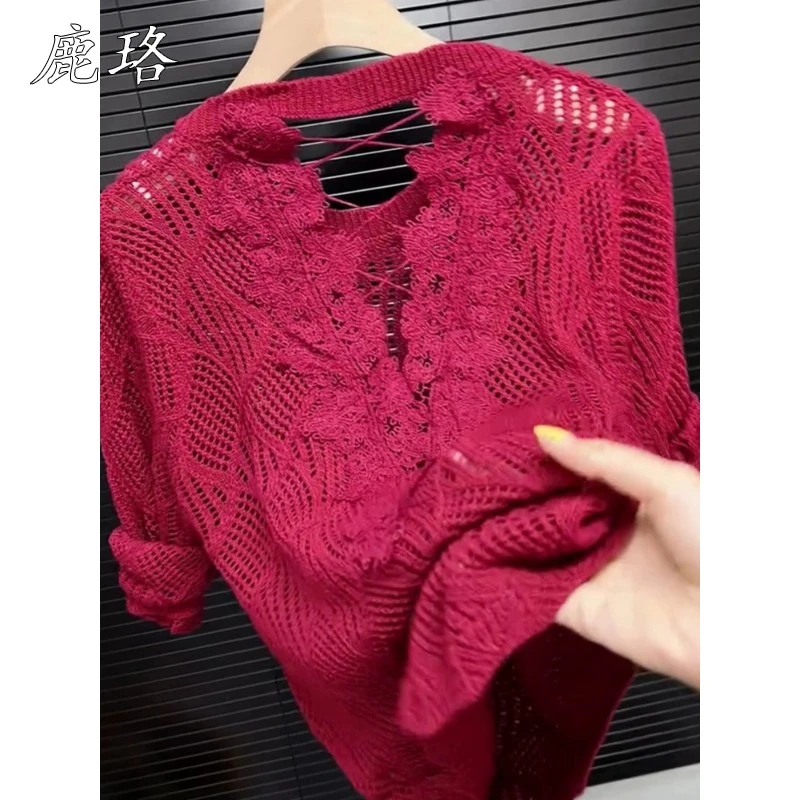 韩式时尚覆古减少年龄冰丝针织2025夏季新风格舒适透气剪裁上衣的