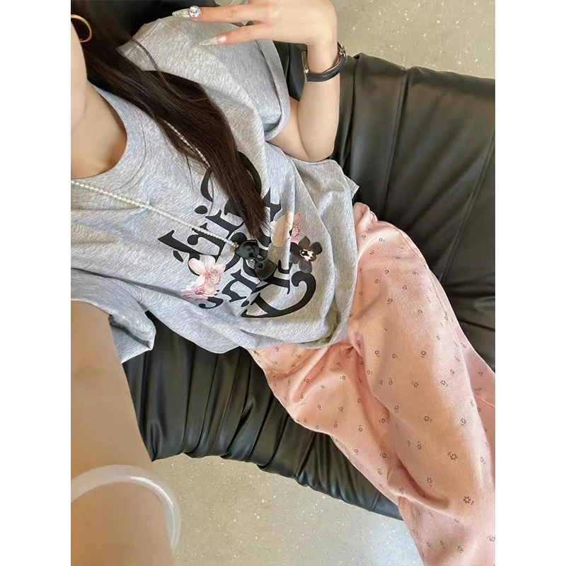 美式潮牌字母鲜花圆领短袖t恤女2025年夏新款麻灰色显瘦百搭上衣