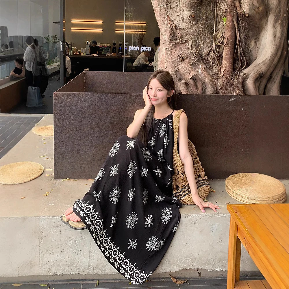 实拍 韩系chic简约度假风图腾飘逸吊带连衣裙长短款吊带上衣79244