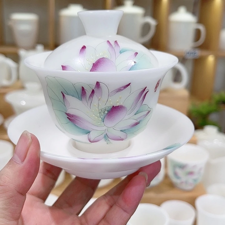 胎高冰素烧手绘莲花盖碗130