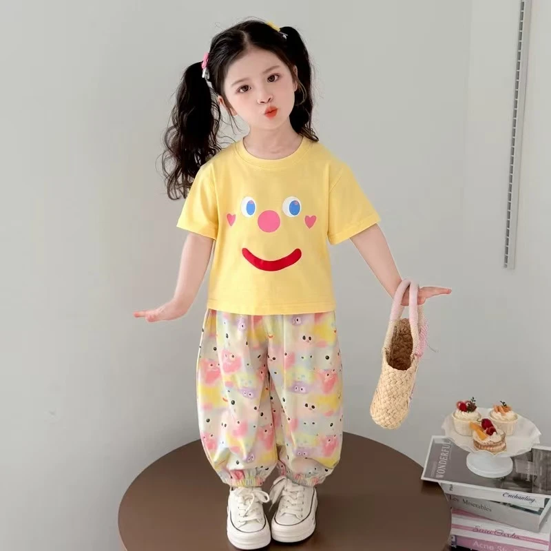 A-Y592女童套装夏季宝宝夏季笑脸短袖T恤上衣小女孩甜美短裤